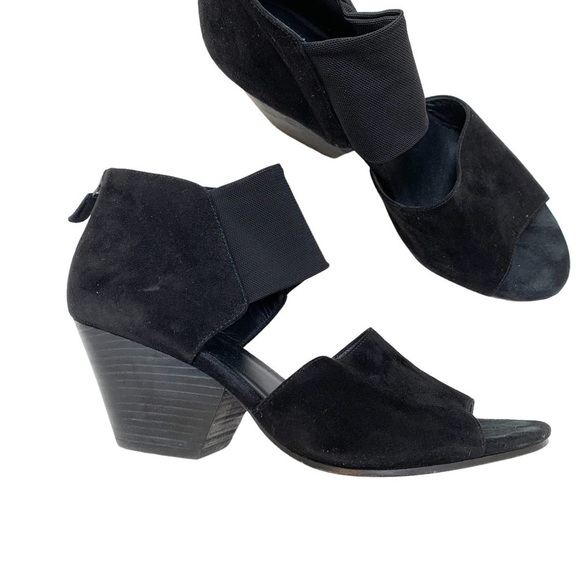 Eileen Fisher Black Suede Sandal Heels Zip Back Mesh Strap Size 9 - Picture 1 of 15